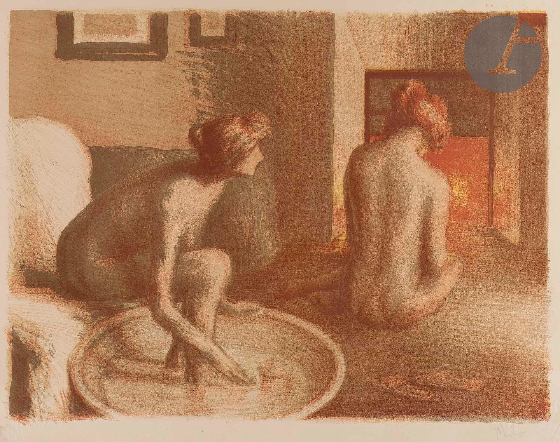 Alfredo Müller (1869-1939)
Toilette matinale, ou Le Tub. 1903. Lithographie. 575 x 435. Koehl E164. Impression en couleurs. Très belle épreuve sur vélin mince crème, signée au crayon. Légères ondulations (notamment causées par les onglets de montage en tête au verso). Toutes marges.