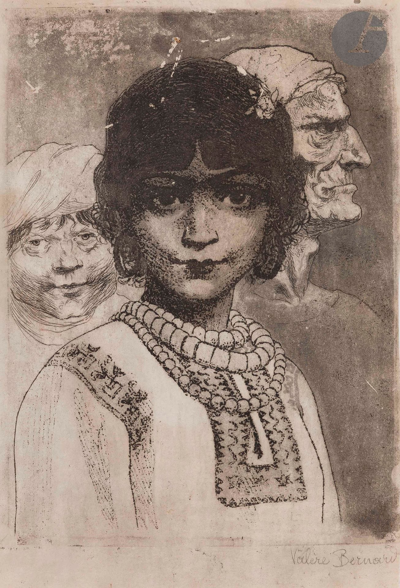 Valère Bernard (1860-1936
)Young woman with two other women in the background. Etching and soft varnish. The sheet : 183 x 270. Good proof on imitation japan, signed in pencil, trimmed on the right board cut. Small scratches on the surface. Small hole at the top edge. Irregular edges.
