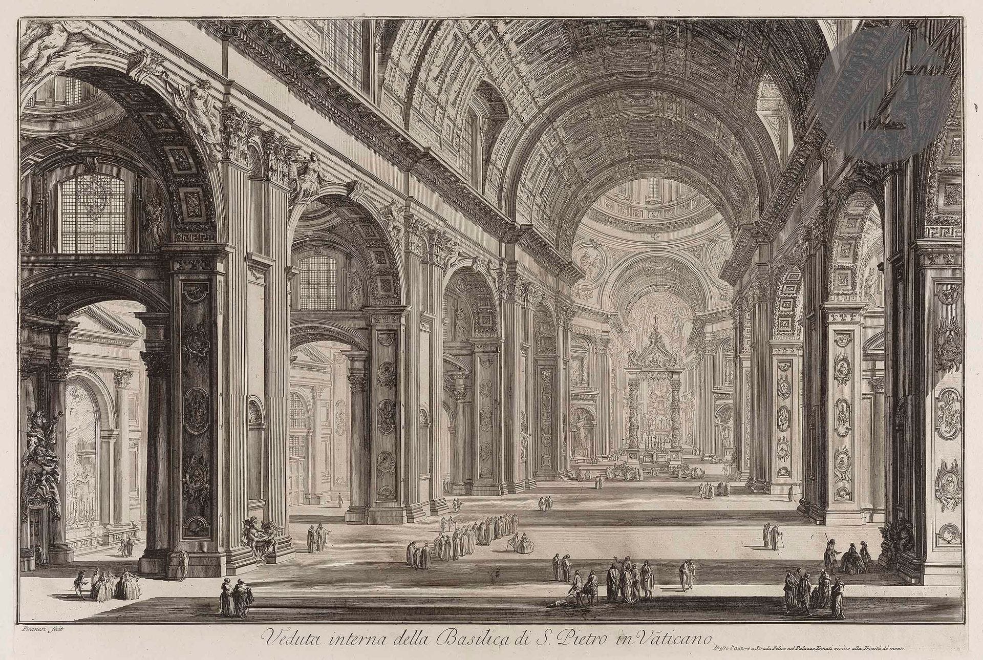 Giambattista Piranesi (1720-1778)
Vues de la basilique Saint-Pierre. 1748-1773. Eau-forte et burin. Chaque feuille : 765 x 540. Hind 4, 101 et 102. Très belles épreuves sur vergé fort, avant les numéros à droite. Numéro de folio à la plume et à l’encre sépia dans l’angle supérieur droit. Bord gauche irrégulier, déchiqueté, avec petits trous d’onglets de reliure et manques. H. 101 avec longue déchirure oblique au centre de la partie inférieure du sujet. Pli vertical médian fracturé en pied à 2 pl. Restaurations anciennes au verso au moyen de morceaux de papier collés. Grandes marges. 1er tirage parisien. Ens. 3 p.