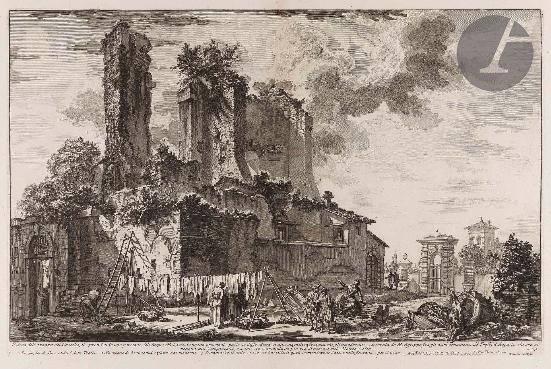 Giambattista Piranesi (1720-1778)
Veduta dell’ avanzo del Castello… (Château de l’aqueduc de l’Eau Giulia). 1753. Eau-forte et burin. 610 x 400 [760 x 540]. Hind 34 (iv/vi). Très belle épreuve sur vergé fort, avant les numéros à droite. Numéro de folio 48 à la plume et à l’encre sépia dans l’angle supérieur droit. Pli vertical médian, fracturé sur 12,5 cm en pied et sur 5 cm en tête, anciennement restauré au verso par une bande de papier collé. Bord gauche irrégulier, déchiqueté, avec petits trous d’onglets de reliure et manques. Grandes marges. 1er tirage parisien.
