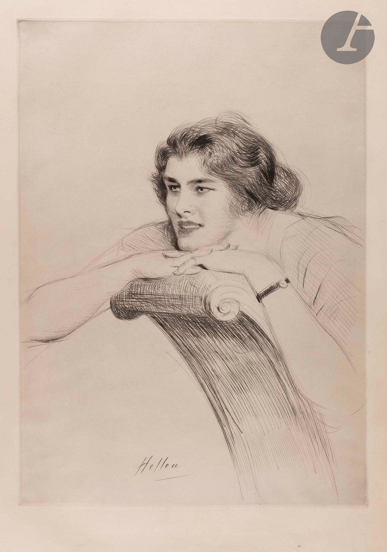 Paul-César Helleu (1859-1927
)Woman leaning on the armrest of an armchair. About 1920. Drypoint. 380 x 535. Nice proof on ivory vellum, signed with a black stone at the foot of the subject. A spot of rust in the lower margin. All margins untrimmed.
