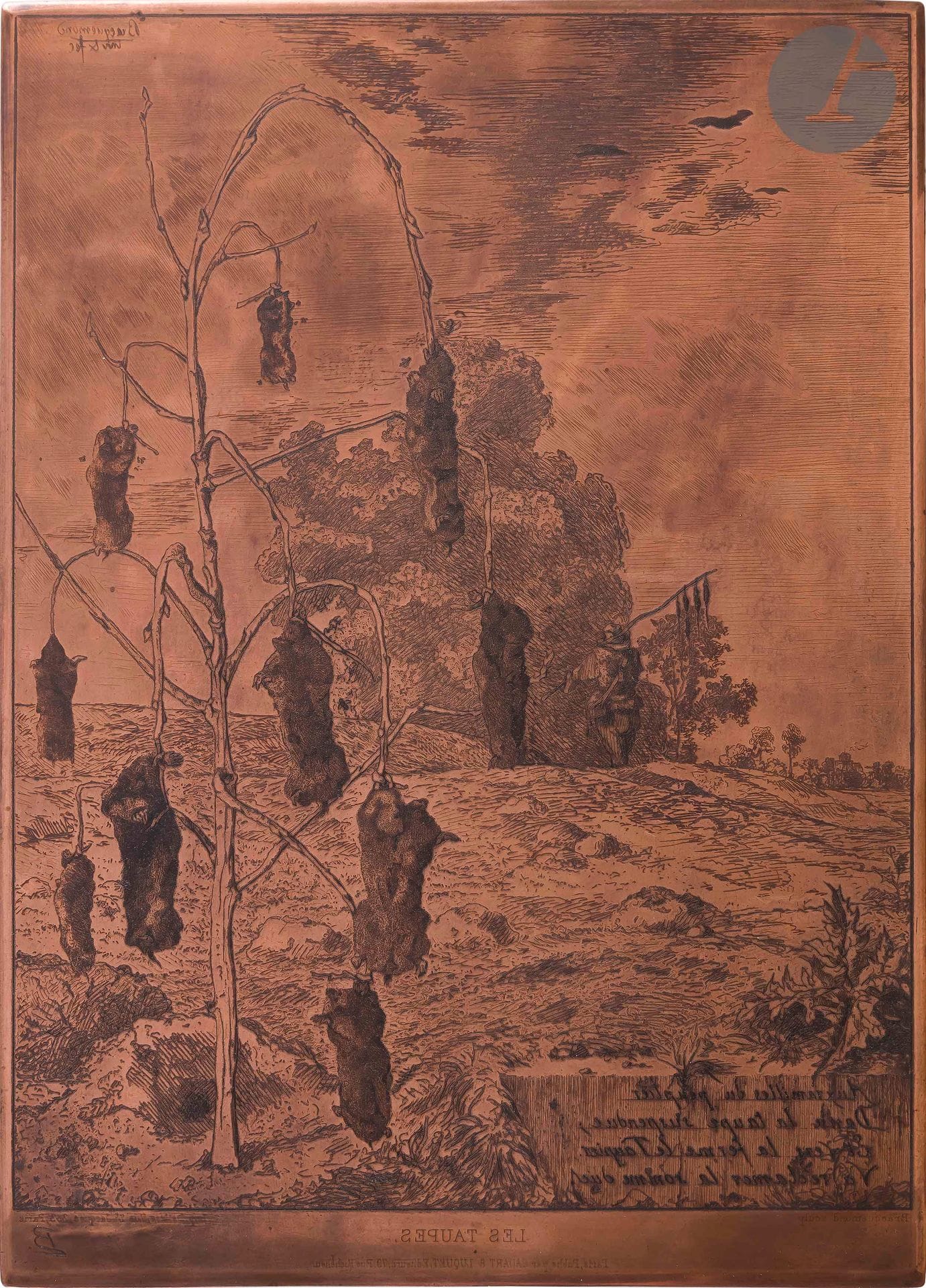 Félix Bracquemond (1833-1914)
Les Taupes. 1854. Cuivre gravé à l’eau-forte. 200 x 275. Beraldi 134 ; I.F.F. 50 ; Bouillon Ac 7.Signé du monogramme dans la tablette à gauche. Biseauté, les angles arrondis. Encré et verni. Contenu dans une enveloppe portant une épreuve collée sur le 1er plat.

 Ce sujet a fait l’objet d’un tirage pour la 11e livraison des albums de la Société des Aquafortistes en juillet 1866.