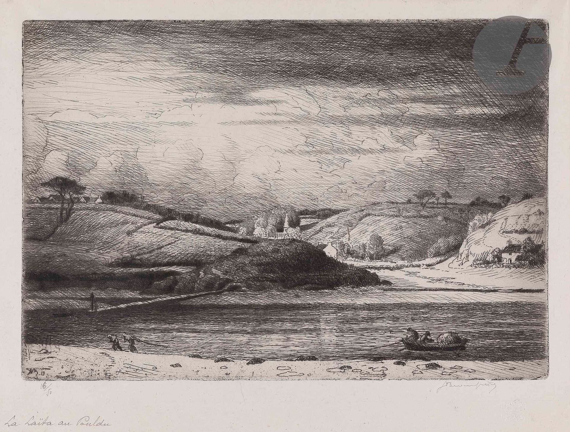 Adolphe Beaufrère (1876-1960
)Laïta at Pouldu, or Salmon fishing on the Laïta. 1919. Etching. 261 x 180. Morane 19-01. Very nice proof on thin grey vellum, numbered and signed in pencil. All margins. Edition at 50 proofs.
