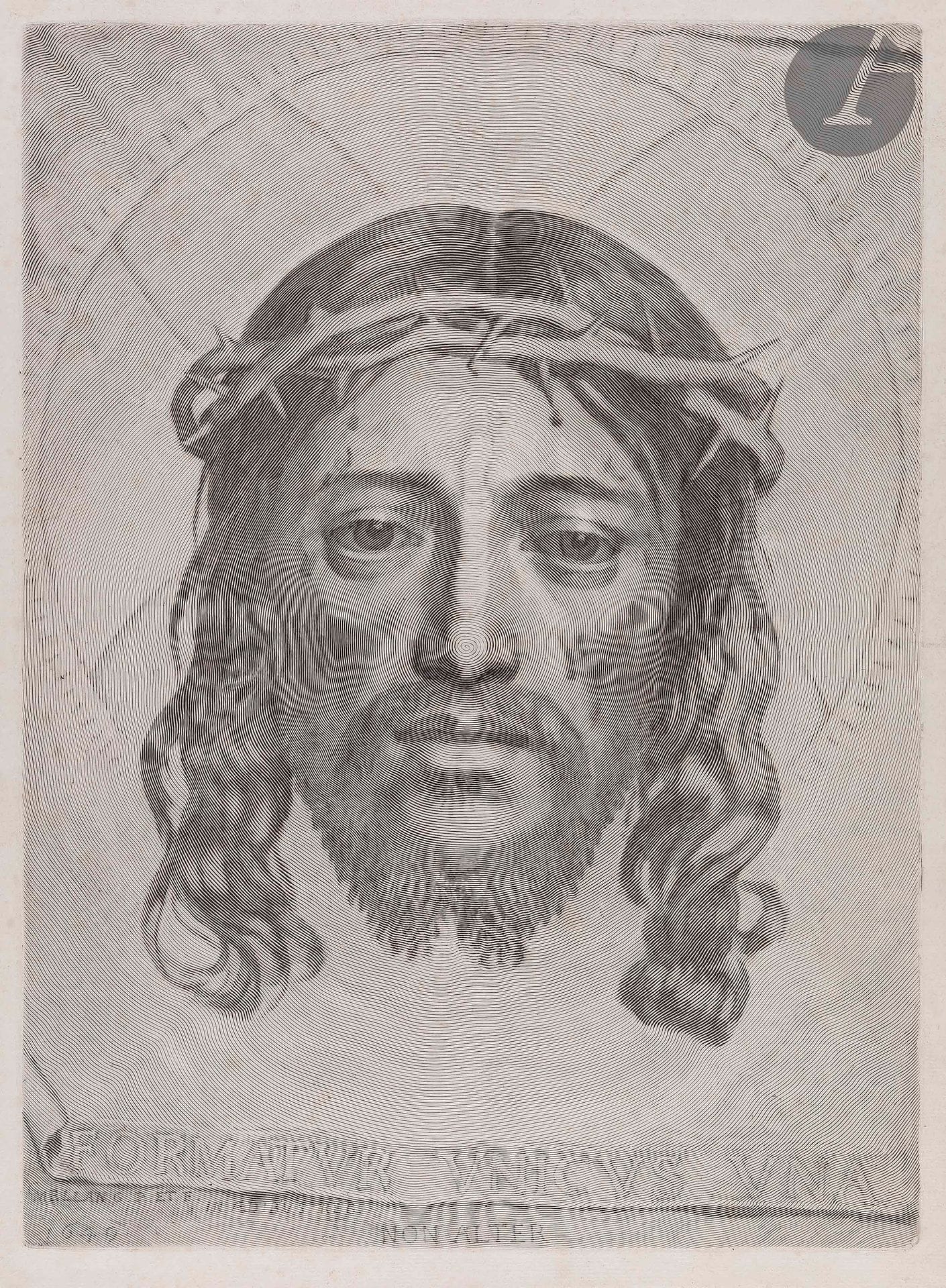 Claude Mellan (1598-1688)
La Sainte Face. 1649. Burin. 317 x 431. Préaud 21. Belle épreuve sur vergé fort du milieu du XVIIIe s., soigneusement lavée. Traces de colle et menus accidents aux bords du feuillet. Marges réduites [350 x 474].
