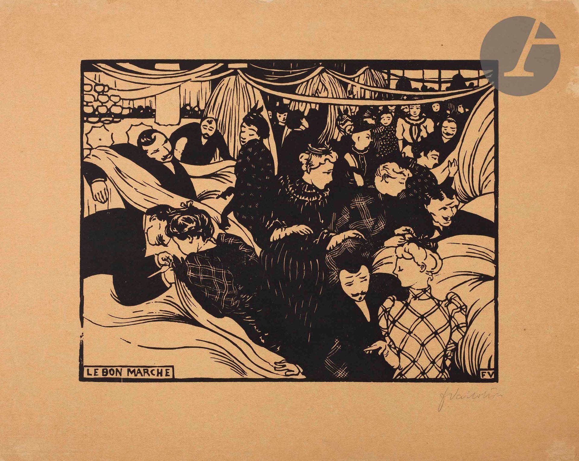 *Félix Vallotton (1865-1925)
Le Bon Marché. 1893. Bois gravé. 260 x 200 [366 x 292]. Vallotton et Goerg 116 a. Très belle épreuve sur vélin chamois, signée au crayon. Fine bande d’onglet de montage en tête au verso. Petit accroc au centre en tête. Toutes marges. Tirage à environ 50 épreuves.