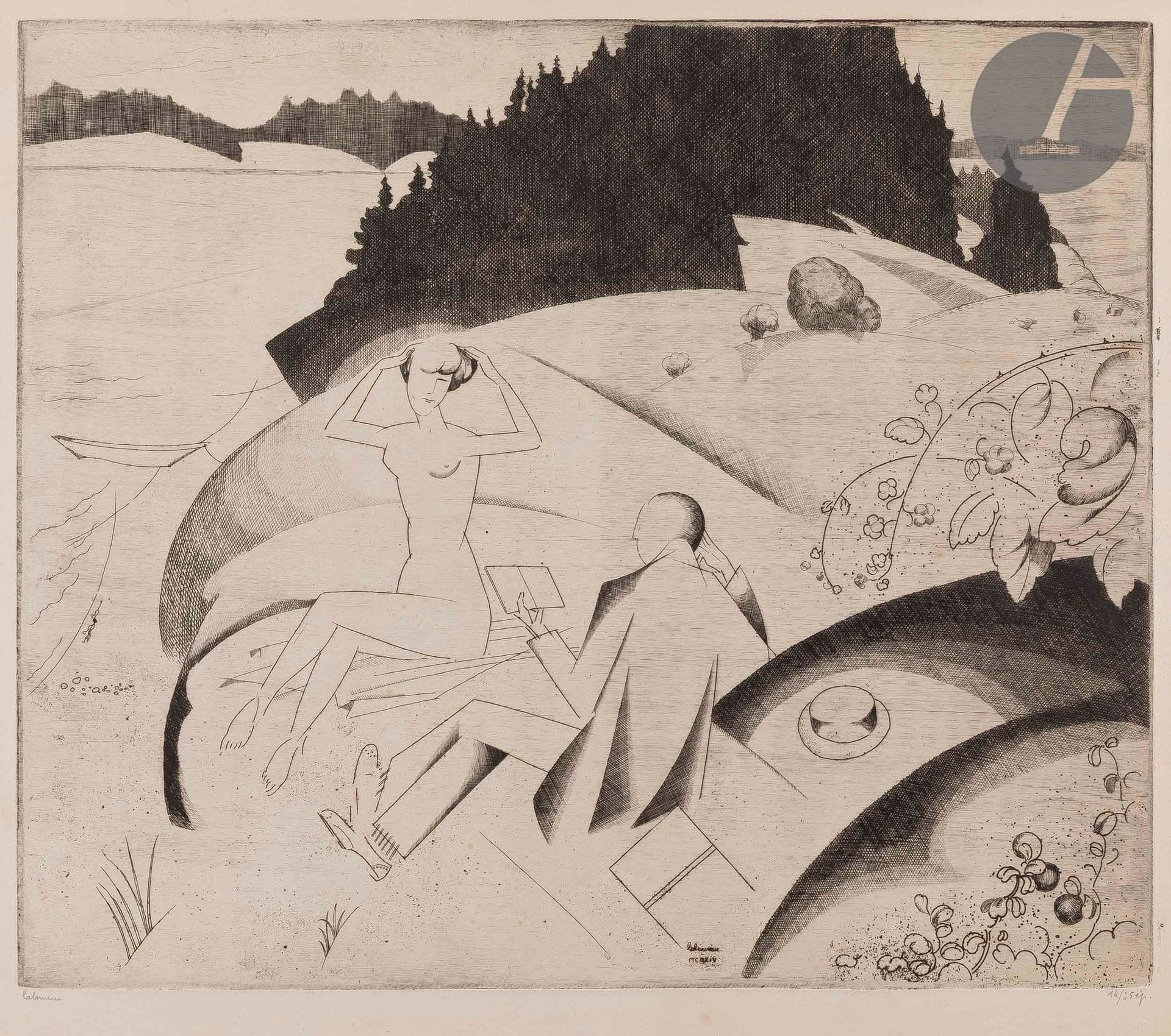 *Jean-Émile Laboureur (1877-1943)
L’Île déserte (Nouvelle-Écosse). 1914. Eau-forte. 345 x 296. Laboureur 135. Très belle épreuve sur vélin crème fort, signée et numérotée au crayon. Légères traces d’oxydation marginales et rousseurs claires au verso. Toutes marges. Tirage à 35 épreuves.
