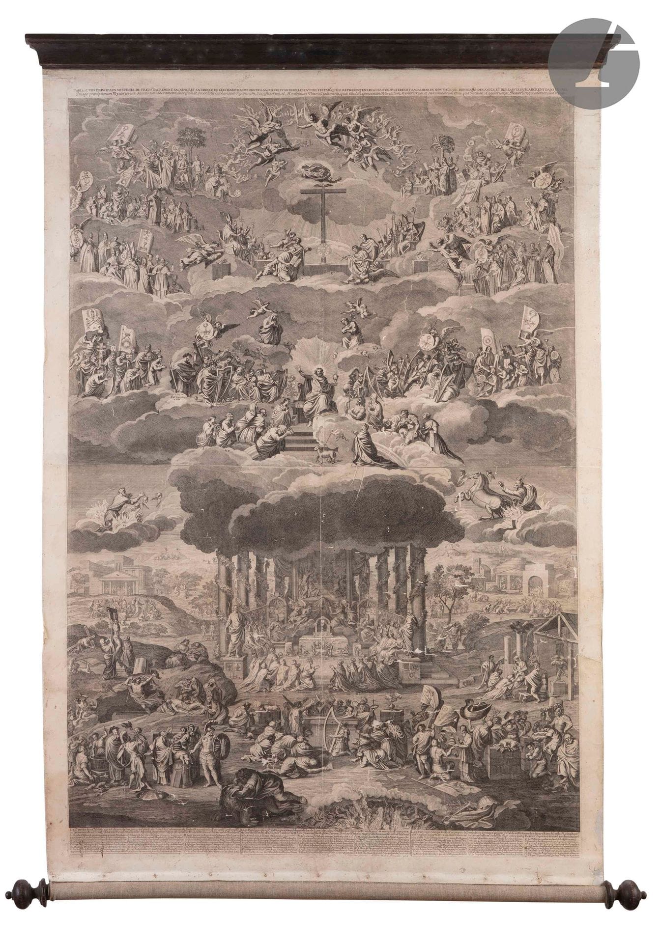 François Chauveau (1613-1676)
Tableau des principaux mystères du très st sacrement, sacrifice et sacerdoce de l’Eucharistie… 1676. Gravé d’après Bertolet [Bertholet Flémal]. 720 x 1113. I.F.F. 133. Bonne épreuve en deux morceaux raboutés, sur vergé, avec de nombreux accidents (plis, trous, fractures, taches, petits manques aux bords…), entoilée et restaurée, tendue par le bord supérieur sur moulure de bois d’origine, à usage de panneau pédagogique. 

 Bien que l’Inventaire du fonds français annonce cette gravure comme manquant à ses collections, la Bibliothèque nationale la possède en deux morceaux non raboutés (provenance : abbé de Marolles). Nous remercions Madame Vanessa Selbach pour cette information. 


Le tableau de B. Flémal ou Flemalle, intitulé Triomphe et révélation du mystère du Saint Sacrement lié à celui de la Trinité, est conservé au Louvre : « Riche et savante iconographie – sans doute voulue par les commanditaires du tableau, les Augustins du couvent d’où provient le tableau – montrant le Corps et le Sang du Christ adorés par des saints et préfigurés par divers sacrifices de l’Ancien Testament. – À dater probablement des premiers séjours de l’artiste à Paris, vers 1646-1647. » (www.collections.louvre.fr).


Voir également Anne Le Pas de Sécheval, « Autour d'un tableau méconnu du Louvre : Bertholet Flémal, François Chauveau, Sébastien Leclerc ; trois artistes pour un commanditaire à l'heure de la révocation de l'édit de Nantes », Revue de l’Art, n° 207, 1er mars 2020, p. 56-65.