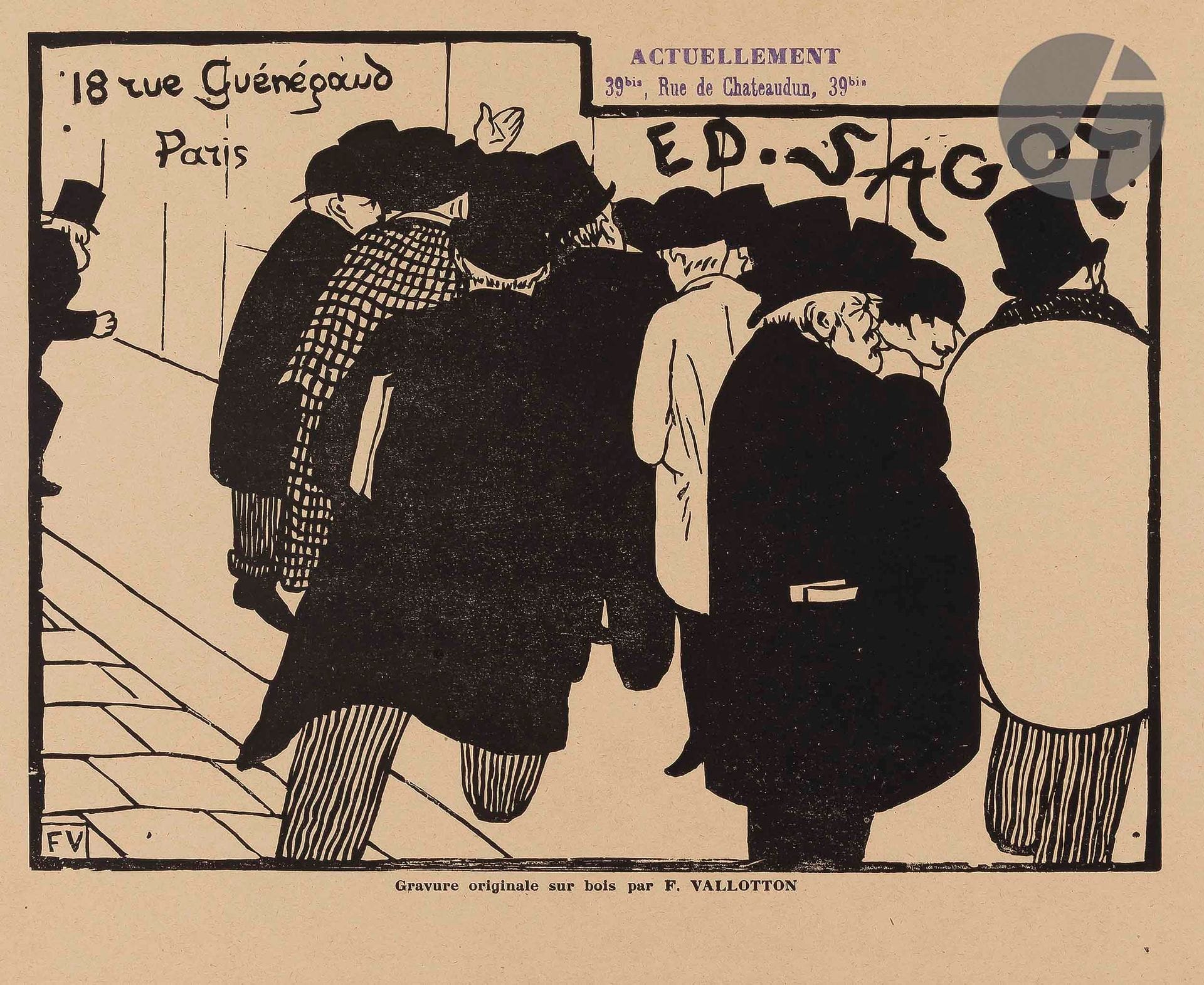 Félix Vallotton (1865-1925)
Les Amateurs d’estampes. Carte-adresse pour Edmond Sagot. 1892. Bois gravé. 252 x 187. Vallotton et Goerg 107 c. Très belle épreuve sur vélin glacé chamois, avec le timbre violet de changement d’adresse (« Actuellement / 39 bis, rue de Châteaudun, 39 bis »). Toutes marges.