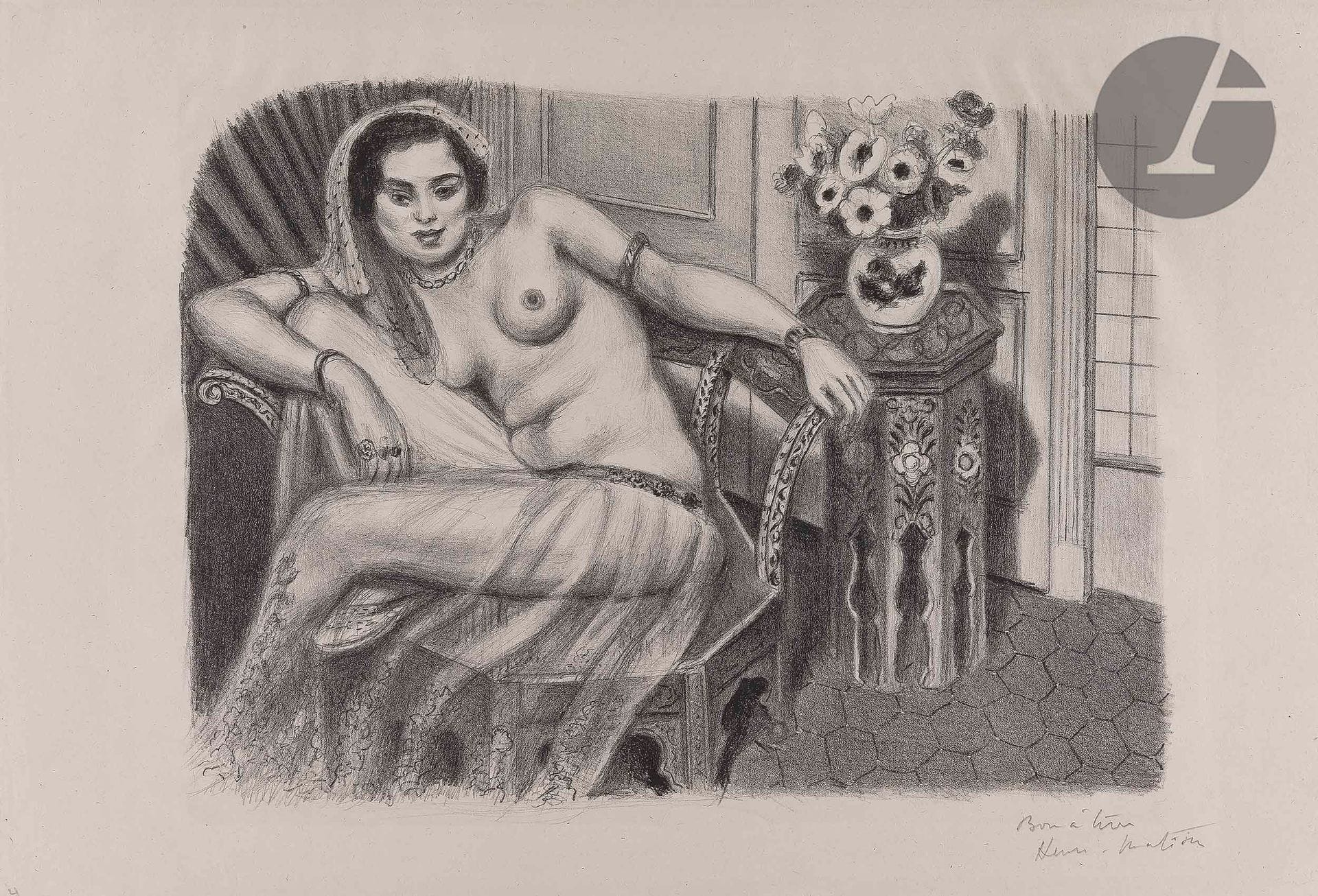 Henri Matisse (1869-1954)
Hindoue à la jupe de tulle. 1929. Lithographie. 375 x 285. Duthuit-Garnaud 510. Parfaite épreuve sur chine volant, annotée au crayon « Bon à tirer » et signée. Ondulations dues à la pression au tirage et indentation de la pierre très visible. Toutes marges [510 x 345]. Tirage définitif à 50 épreuves. Ex-coll. P. Prouté (Lugt 2103c).