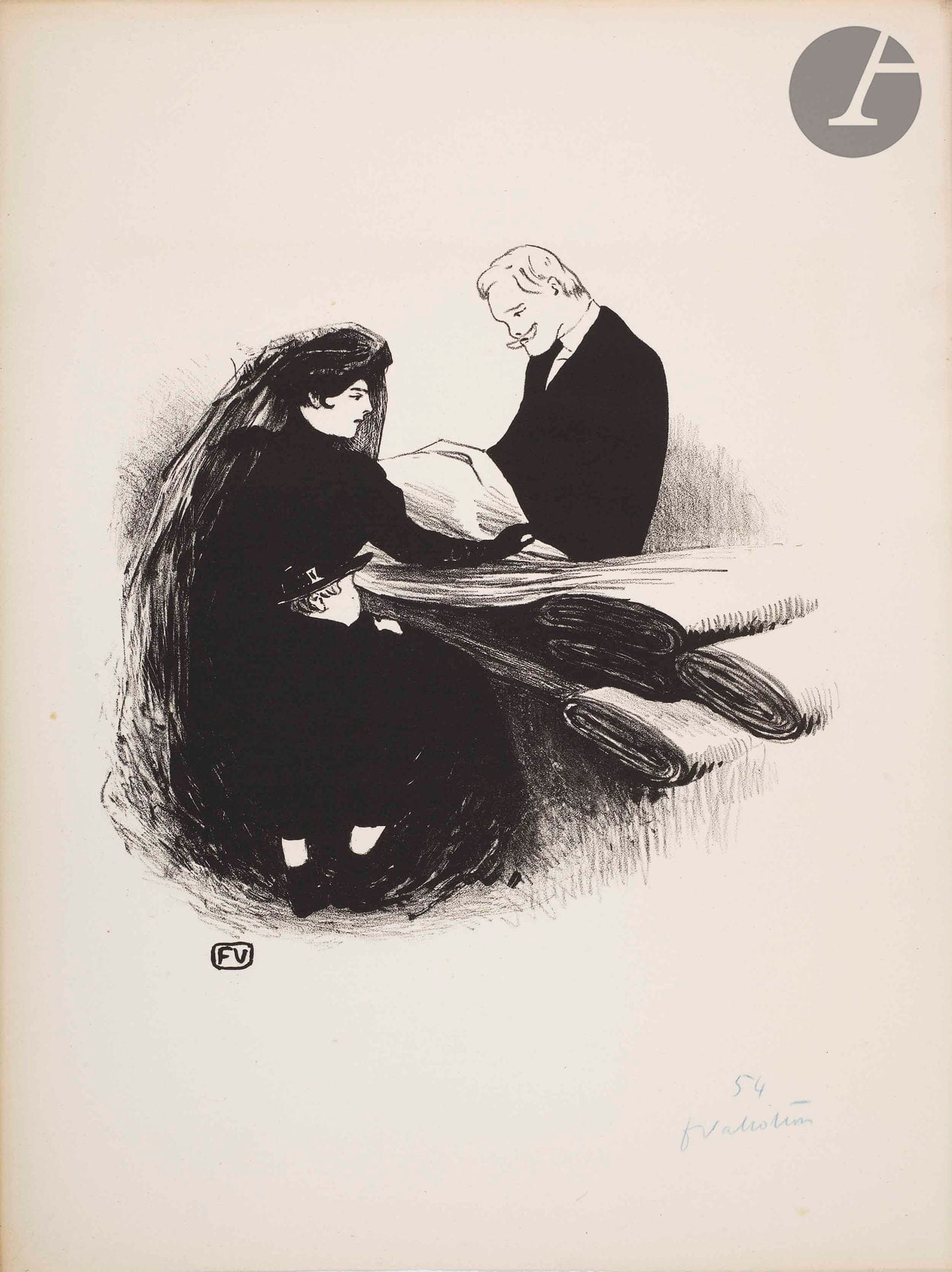 *Félix Vallotton (1865-1925)
Dernière nouveauté. 1893. Lithographie. 218 x 215 [280 x 380]. Vallotton et Goerg 44. Très belle épreuve sur vélin glacé, signée et numérotée au crayon bleu. Infime empoussiérage ou oxydation aux bords du feuillet. Toutes marges. Tirage à 100 épreuves. Ex-coll. H. M. Petiet (Lugt 5031). 

Cette planche fut reproduite dans L’Escarmouche, n° 8, 31 décembre 1893.