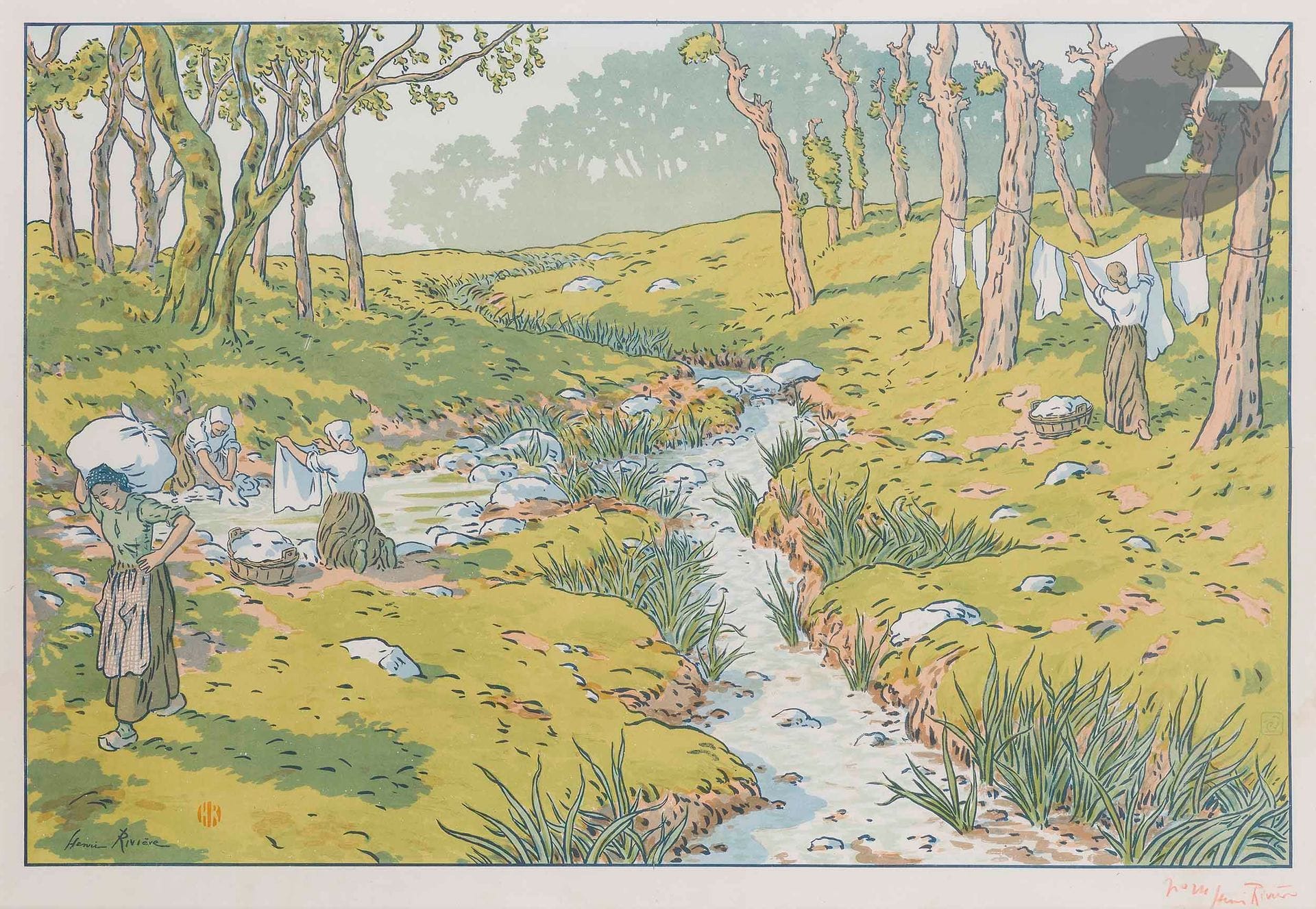 Henri Rivière (1864-1951
)The Stream, or The Washerwomen. (Aspects of Nature, pl. 12). 1898. Lithograph. 545 x 825. Fields p. 76. Printed in colors. A very nice proof on chine volant, one of 25 numbered and signed in red pencil. Light moisture aureole at the lower right edge, notably visible under the signature. Nice margins. Framed.
