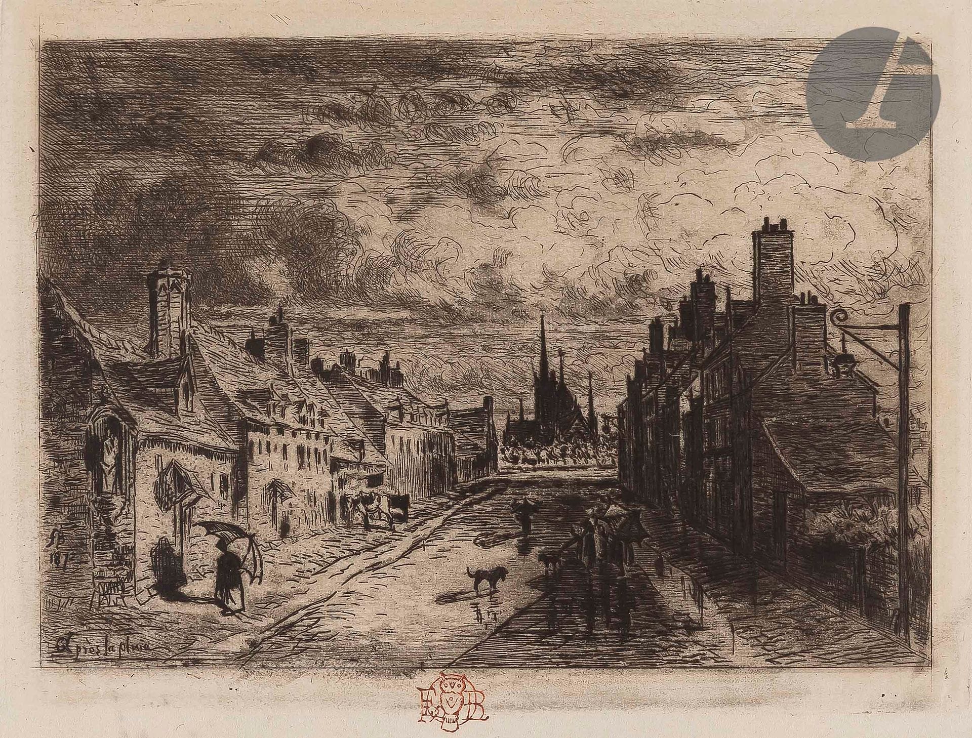Félix Buhot (1847-1898
)My little town (1st plate). 1872. Etching, drypoint and aquatint. 157 x 118. Bourcard-Goodfriend 27. Very nice proof on thin ivory laid paper, titled in pencil "Ma petite ville (Valognes)" then "3e état pl. détr.", stamped (Lugt 977). Small normal margins. Ex-coll. H. M. Petiet (Lugt 5031).
