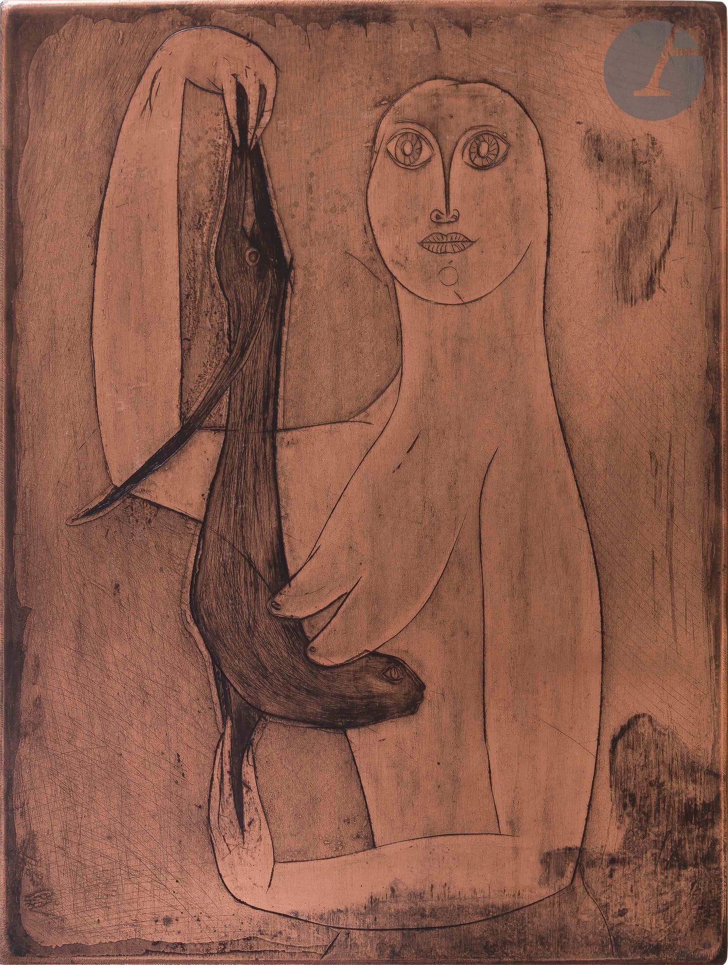 Anton Prinner (1902-1983) [CR}Woman with an otter. About 1940. Copper engraved with drypoint. 190 x 250. Beveled, the corners rounded. Biffé of two short burin lines in the lower right corner. Inked and varnished.