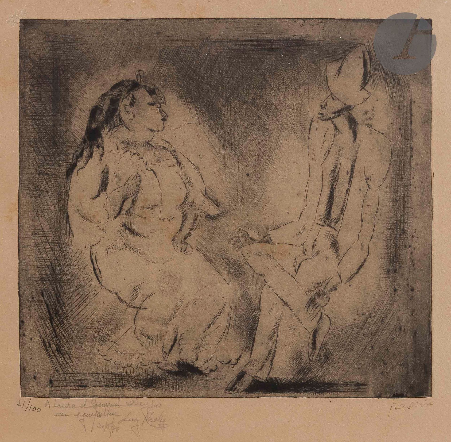 Jules Pascin (Julius Mordecai Pincas, dit) (1885-1930)
Cubains. 1917. Pointe sèche. 195 x 180. Hemin, Krohg et al. 76. Belle épreuve tirée avec teinte de fond sur vergé, numérotée au crayon, avec envoi de Lucy Krohg à la date de 1970, timbrée (Lugt 2014a). Forte oxydation du feuillet, avec larges rousseurs. Toutes marges. Tirage à 100 épreuves. Cadre.