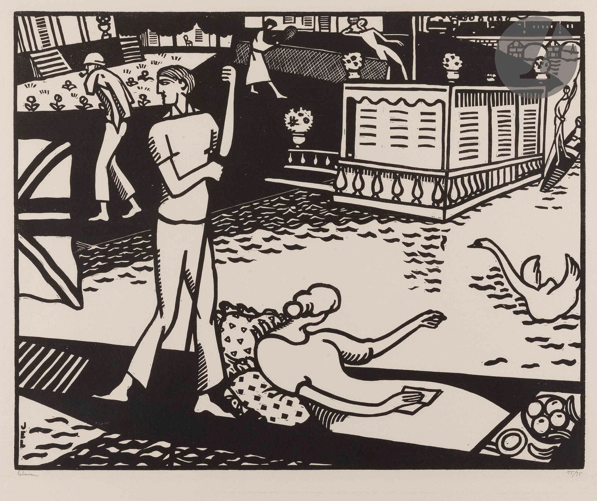*Jean-Émile Laboureur (1877-1943
)On the Thames. 1913. Engraved wood. 365 x 292. Laboureur 696. Very nice proof on thin cream laid paper, signed and numbered in pencil. All margins. Edition at 35 proofs.
