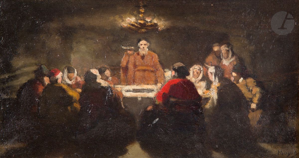 Édouard MOYSE (1827-1908) 
A Jewish Passover in the Middle Ages 
Oil on cardboard. 
Signed lower right. Dedicated to Mr Haymann. 
16,5 x 29 cm 
Framed.
 
Sketch having been reproduced as an engraving in L'Univers illustré of April 17, 1886. 
Comparable work: A Jewish Passover in the Middle Ages. n.d. sketch, oil on canvas, Paris, M.A.H.J. 

Bibliography :
Edouard Moyse or Israelite Painting 1827-1908. Paris, Editions Esthétiques du divers, 2012, p. 31 and p. 50.



Key words:
judaica, jew, jewish, hebrew, rabbis, jewish, torah, hebrew, hebraica, judaism, synagogue, zionism, pessah, pessach, haggada, haggadah, hagada, hagadah, passover, menora, menorah, hannuka, hannuca, hannucca, hanouccah, torah, juden, israelite, Israel, antisemitism, antisemitism, dreyfus, meguila, sepharad, ketouba