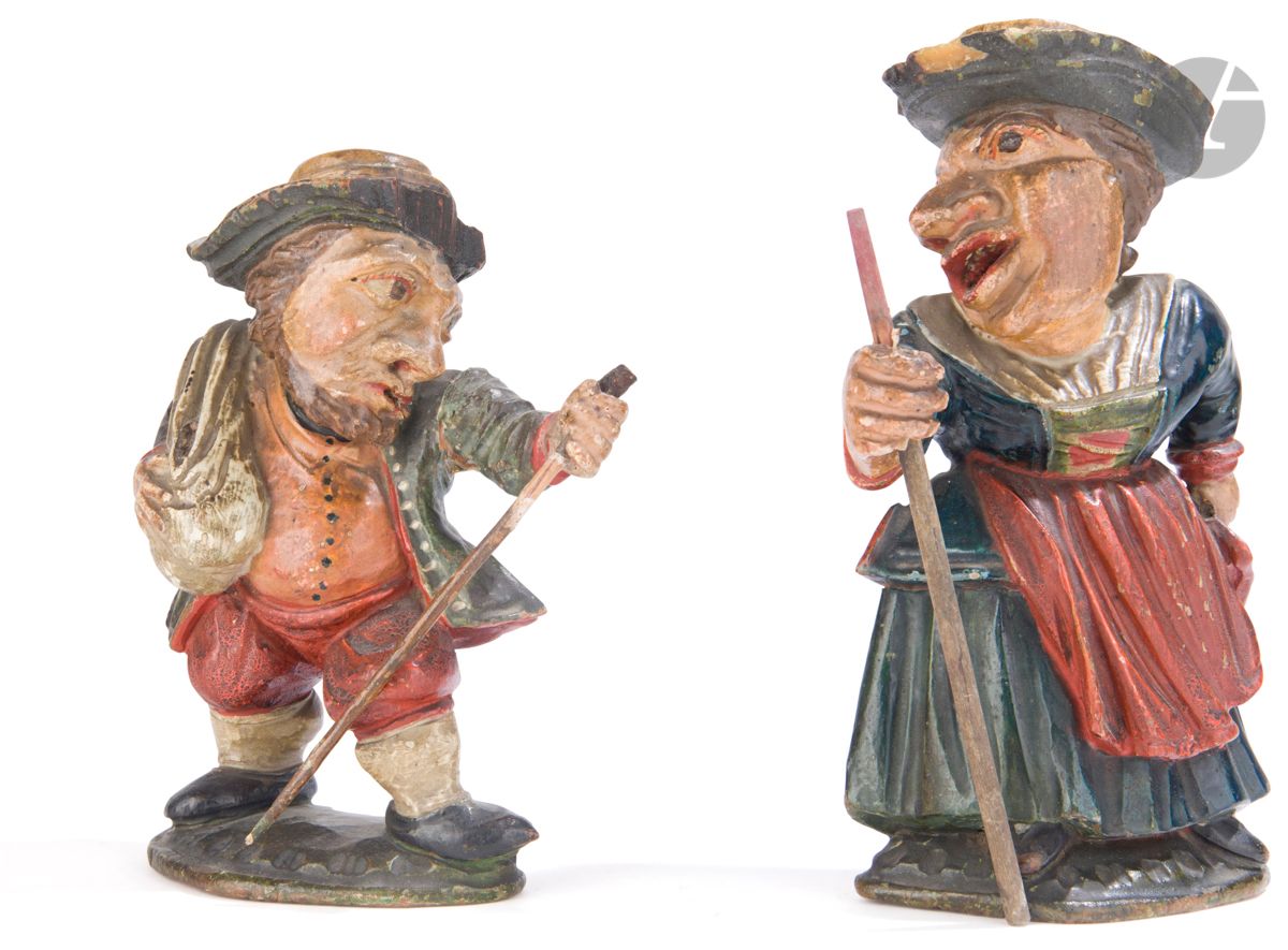 ÉCOLE ALLEMANDE 
Juif errant et sa femme
2 sculptures en bois polychrome. 
Allemagne, début du XIXe siècle. 
Hauteur : 19 et 17 cm
Bras sommairement recollés ainsi que le socle. Bâton de l’homme cassé à la pointe. Quelques manques et éclats de peinture.



Mots clés :
judaïca, juif, juive, hébreux, rabbins, jewish, torah, hebrew, hebraica, judaisme, synagogue, sionisme, pessah, pessach, haggada, haggadah, hagada, hagadah, passover, menora, menorah, hannuka, hannuca, hannoucca, hanouccah, torah, juden, israélite, Israël, antisemitism, antisémitisme, dreyfus, meguila, sepharade, sefarad, ketouba