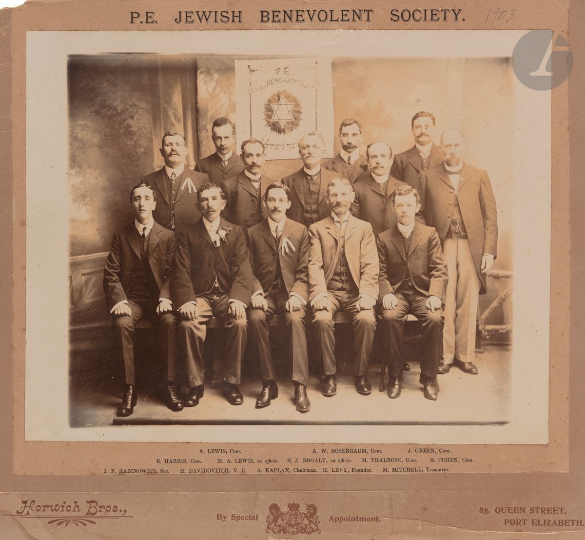 Jewish Benevolent Society, 1903 
Vintage silver print laminated to pre-printed cardboard. The names of the people photographed are printed on the cardboard. 
22,5 x 28,5 cm



Key words :
judaica, jew, jewish, hebrew, rabbis, jewish, torah, hebrew, hebraica, judaism, synagogue, zionism, pessach, pessach, haggada, haggadah, hagada, hagadah, passover, menora, menorah, hannuka, hannuca, hannucca, hanouccah, torah, juden, israelite, Israel, antisemitism, antisemitism, dreyfus, meguila, sepharad, ketouba