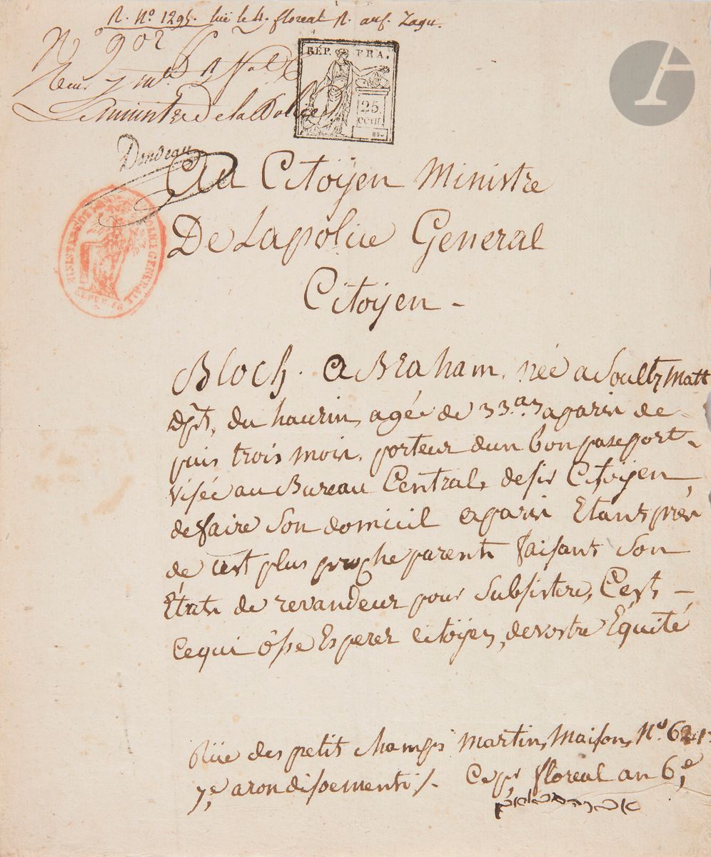 [MANUSCRIT] 
L.A.S. Lettre adressée au ministre de la Police par Abraham Bloch né à Soultzmatt pour élire domicile à Paris. 1 p. format in-quarto, datée de floréal an 6 (1798). Signée en hébreu.



Mots clés :
judaïca, juif, juive, hébreux, rabbins, jewish, torah, hebrew, hebraica, judaisme, synagogue, sionisme, pessah, pessach, haggada, haggadah, hagada, hagadah, passover, menora, menorah, hannuka, hannuca, hannoucca, hanouccah, torah, juden, israélite, Israël, antisemitism, antisémitisme, dreyfus, meguila, sepharade, sefarad, ketouba