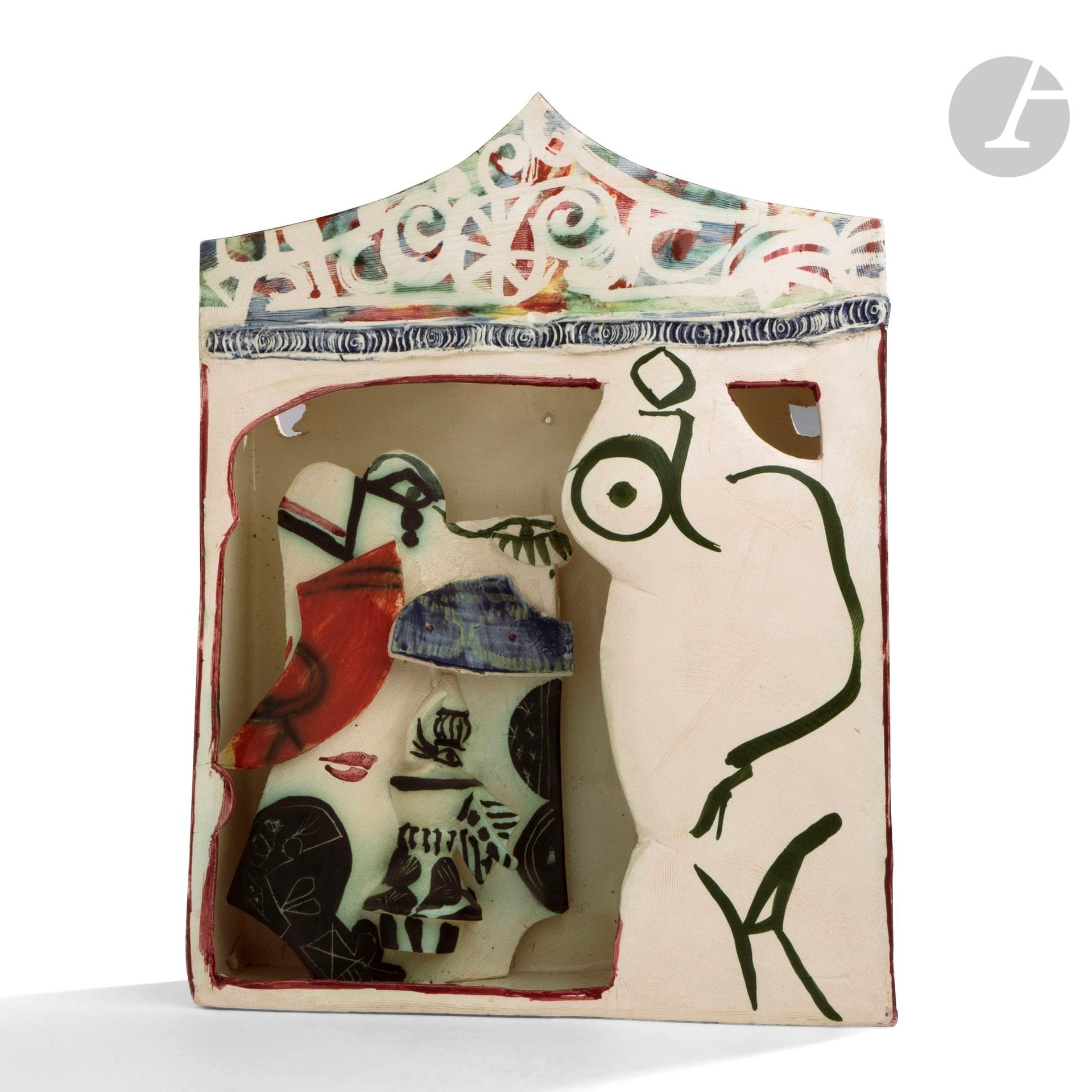 Gilbert PORTANIER (France, born in 1926) 
Theater, 1987 
Sculpture in white openwork ceramic in the form of a capital with multicolored abstract decoration. Signed and dated 1987 on one side. H. 40 cm - W. 30 cm - D. 8 cm

