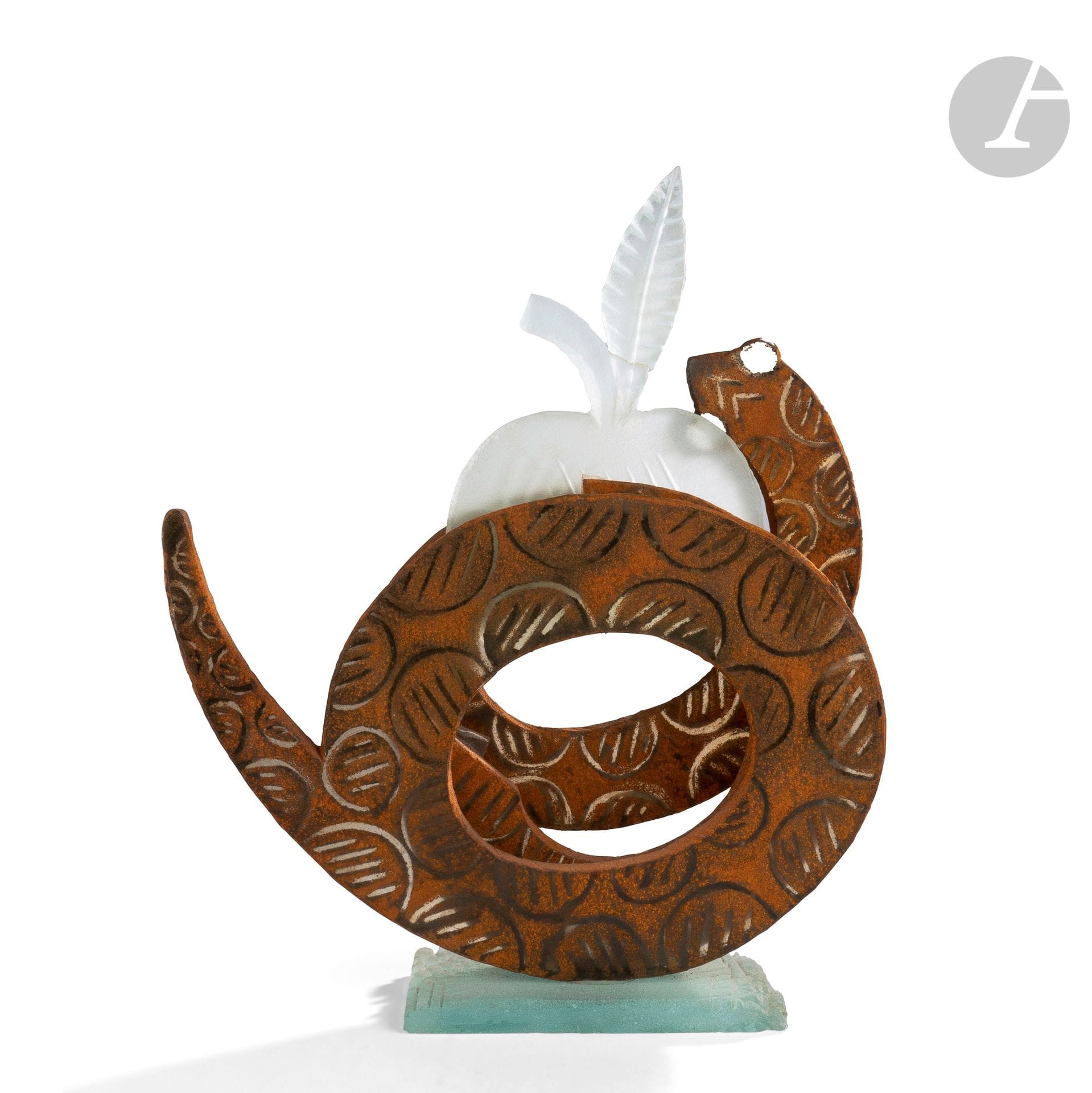 MARCOVILLE (France, born 1939
)Adam and Eve, 1993Sculpture
in cut glass, sandblasted and partially shot, representing a snake winding an apple. Repair to the apple. Signed and dated 1993 under the base. H. 47 cm - L. 40 cm - D. 9 cm

