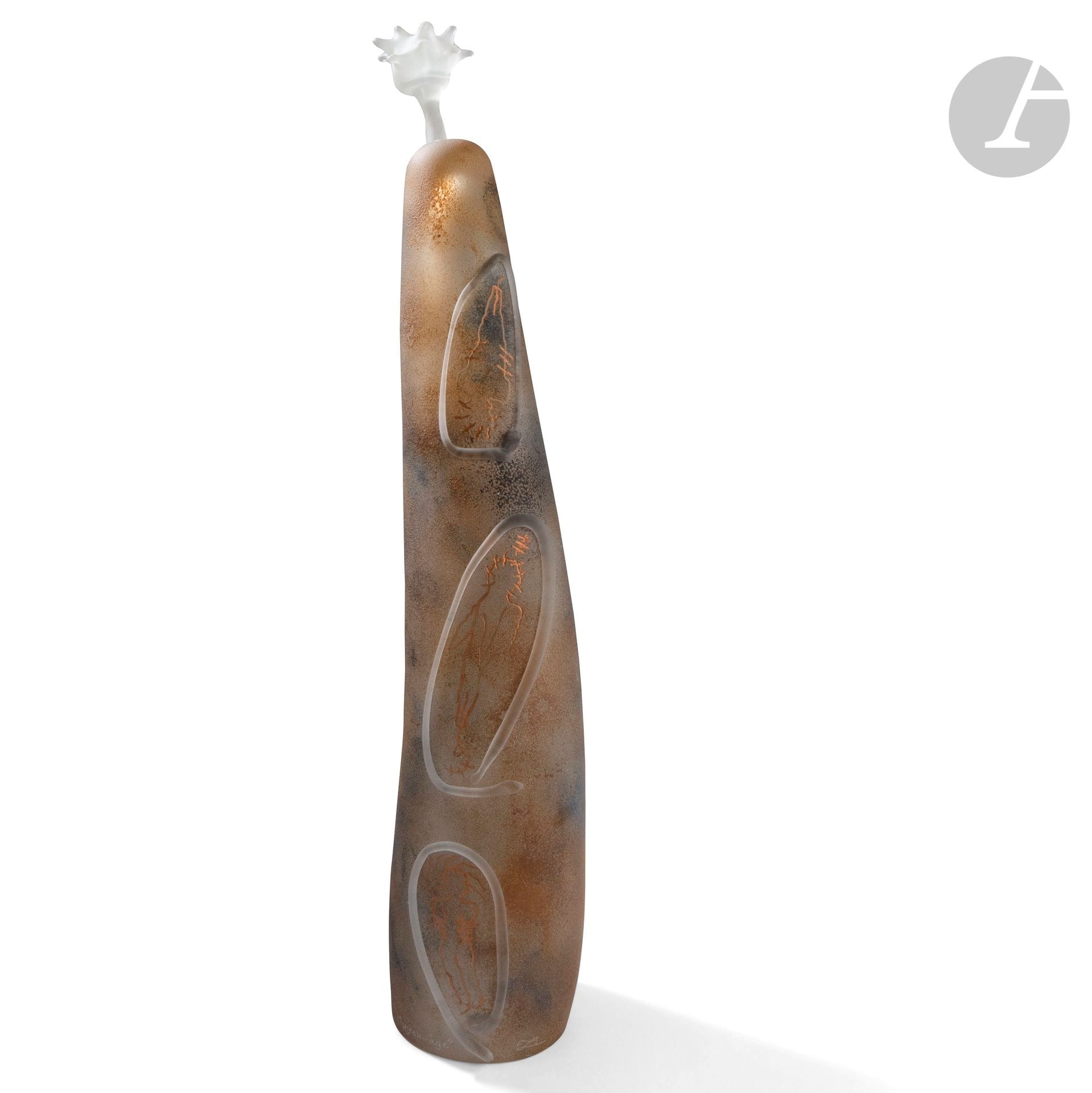 
Thierry BAUDRY (France, born in 1964)

Middle Ages, 1996 

Large glass totem blown with a cane and modeled, enamelled, sandblasted and engraved with medallion characters. Signed, titled and dated 1996 on the base. H. 65 cm

The stopper to be stuck back.



Bibliography : Thierry Baudry - Exhibition catalog, Museum of Niort, 1998. Reproduced on p. 30.
