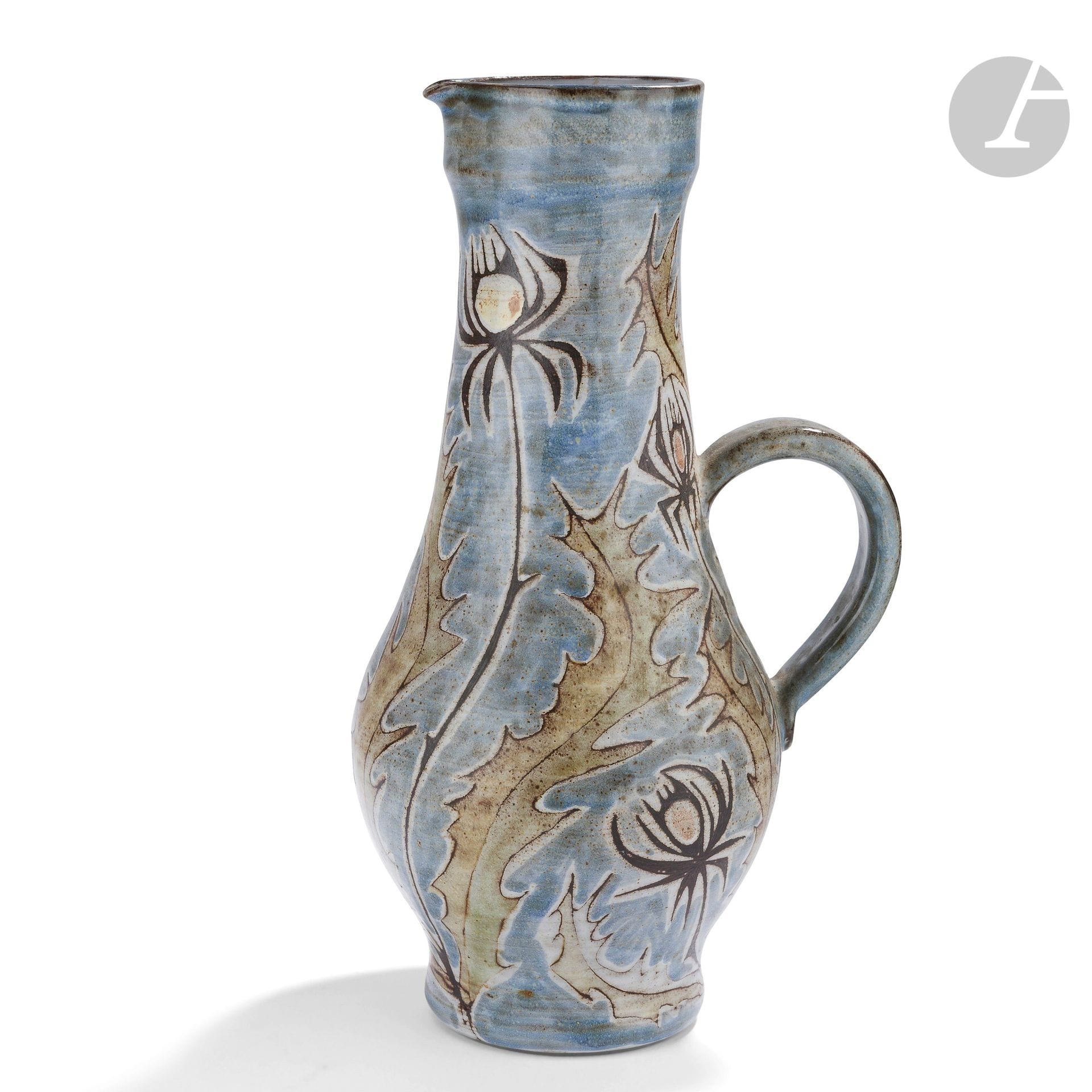 Robert PÉROT (France, 1931-2003) Atelier du Vieux Moulin à VALLAURIS
Grand pot en céramique émaillé gris à décors de chardons. Cachet sous la base. H. 40 cm - D. 18 cm