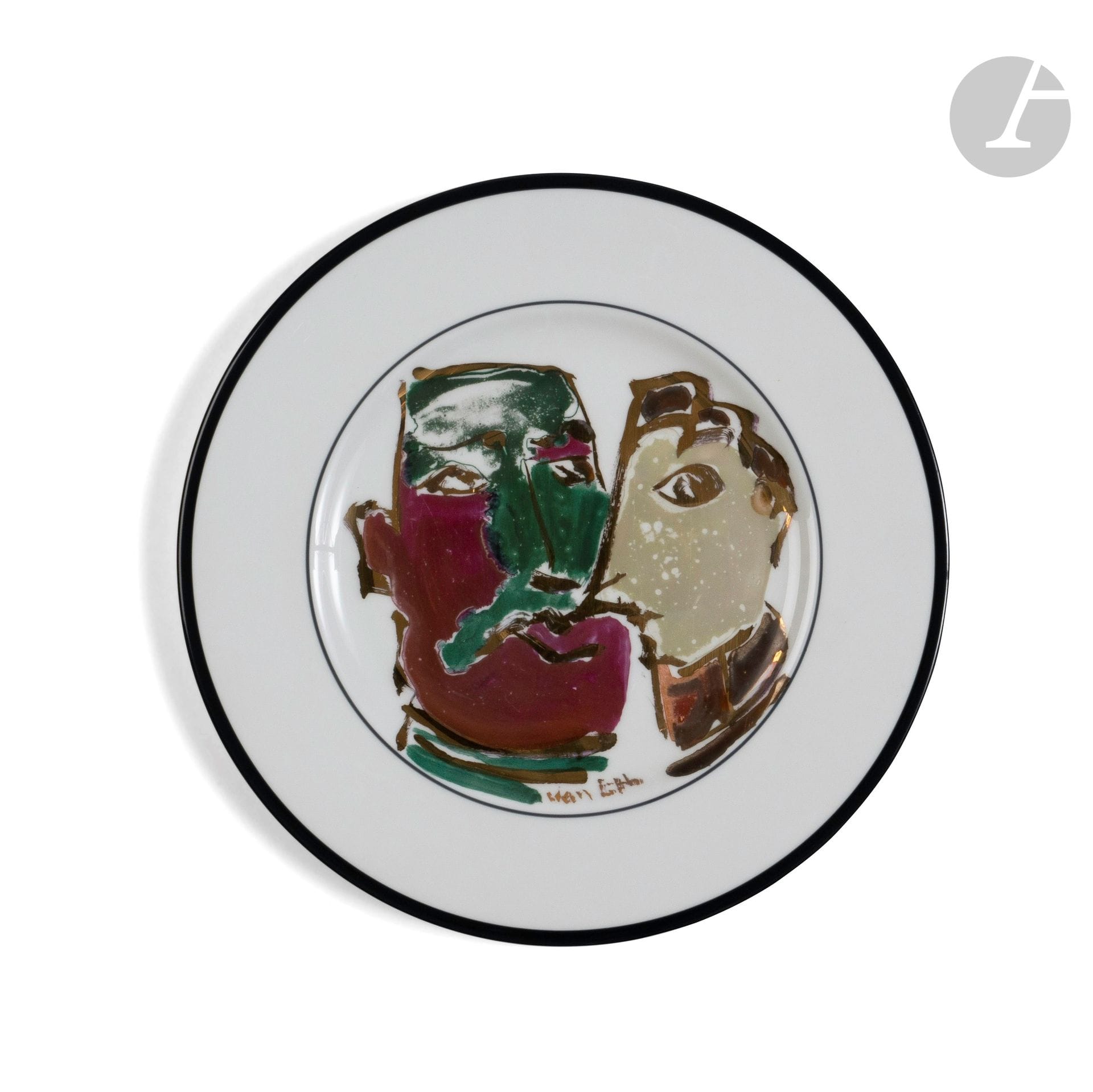 Jean-Paul VAN LITH (France, born in 1940) 
Enamelled ceramic plate decorated with characters. Signed in the decoration. D. 27 cm

