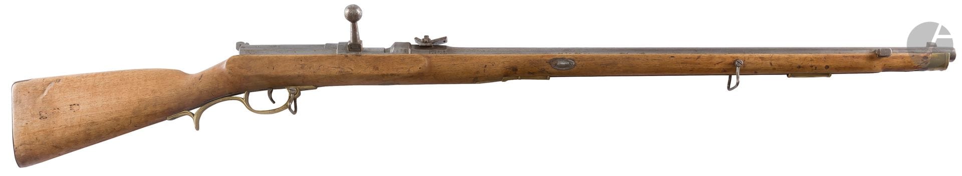 Dreyse rifle of rifleman model 1860, gauge 13,6 mm 
Round barrel, with sides with the thunder with rise with sheets, marked " Stahl ". Breechblock marked "Soemmerda Nd Fg Mod 60" and dated "1862". Brass fittings. Iron buttplate marked "M.F.R. 7.78". Missing the ramrod. Walnut stock with hallmarks, unsealed. 
Length of the barrel: 75 cm - Overall length: 128 cm
B.E. (small oxidation)
.
Beautiful stripes.


