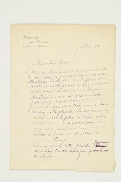 Edmond de GONCOURT (1822-1896) écrivain
L.A.S., Champrosay par Draveil (Seine et Oise) juillet 1892, à Auguste Rodin; 1 page et demie in-8. Au sujet de sa collection de livres illustrés de portraits peints sur les couvertures. «Le livre de Mirbeau sur lequel vous voulez bien faire le portrait de notre ami, Mirbeau l'a chez lui, me l'ayant demandé dans la pensée que ce portrait vous le feriez à sa maison de campagne. Maintenant ce n'est pas une eau-forte que je vous ai demandée, c'est un dessin que vous ferez comme vous voudrez, à la plume, au crayon noir, au lavis, sur le plat du livre relié en vélin blanc - ce serait peut-être original de faire deux croquetons de la tête à l'instar de votre eau-forte de Hugo. [...] Je suis bien touché que vous ayez gardé le souvenir de ma demande indiscrète, et je serais tout heureux et tout fier d'avoir votre nom parmi les illustrateurs de ma petite bibliothèque»