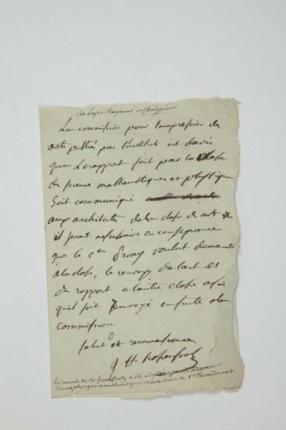 Jean-Henri HASSENFRATZ (1755-1827)
Chimiste et ingénieur, meneur révolutionnaire. L.A.S., [vers le 1er thermidor VIII (20 juillet 1800)], au citoyen Prony; 1 page in-8, adresse. «La commission pour l'impression des art. publiés par l'Institut est davis que le rapport fait par la classe des sciences mathematiques et physique soit communiqué aux architectes de la classe des arts & il serait nesessaire en consequence que le cen Prony voulut demander à la classe, le renvoy de l'art. et du rapport à l'autre classe afin qu'il soit renvoyé ensuite à la commission»
