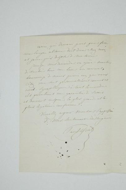 Paul HUET (1804-1869) peintre paysagiste
L.A.S., Paris 14 mai 1868; 2 pages in-8. Il a reçu tardivement l'invitation au dîner du comité, et ne pourra s'y rendre pour se «mettre au courant de votre noble entreprise», mais prie de le «tenir au courant, beaucoup de noms parmi ceux que vous citez me sont personnellement connus et amis. Sympathiques à tout le monde ils paroitront une garantie de succès et doivent inspirer la plus grande et plus légitime confiance»