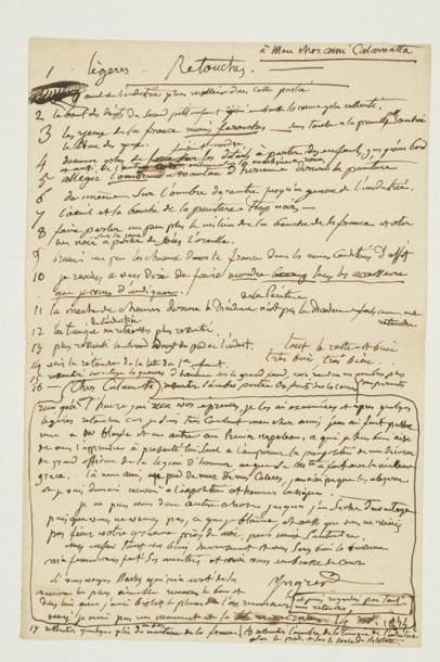 Jean-Dominique INGRES
L.A.S., 14 novembre 1855, à Luigi Calamatta; 1 page in-fol. Au sujet du diplôme pour la Grande Médaille d'Honneur de l'Exposition universelle de Paris en 1855, dessiné par Ingres et gravé par Calamatta. Il dresse la liste, en 18 points, des «légères retouches» qu'il demande après examen des épreuves gravées: «3 les yeux de la France moins farouches - sans toucher à la prunelle, assombrir le blanc des yeux [...] 7 l'oeil et la bouche de la peinture trop noirs - 8 faire parler un peu plus le milieu de la bouche de la France et ôter un noir sur la joue à partir de sous l'oreille. 9 brunir un peu les cheveux de la France [...] 12 la tunique de l'Industrie en retrousse plus ressentie [...] 15 ressentir davantage les queues d'hermine sur le grand fond, cela rendra ces ombres plus transparantes», etc. «Tout le reste est bien très bien, très bien»... Il ajoute qu'il a fait passer une épreuve au Prince Napoléon, qui «a présenté lui seul à l'Empereur la proposition de me décorer de grand officier de la Légion d'honneur, ce que Sa Mté a fait avec la meilleure grâce. Là mon ami, au pied du mur de mes colères, je n'ai pu que les abjurer et je vais demain recevoir à l'exposition cet honneur insigne»... Il reproche à Calamatta de ne pas venir finir sa gravure près de lui