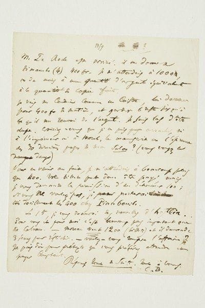 Charles BAUDELAIRE (1821-1867) poète
L.A.S. «C.B.», [Paris 1er ou 2 septembre 1859, à Auguste Poulet-Malassis]; 1 page in-4. «M. De Rode est arrivé. Il me donnera dimanche (4) 400 fr. Je m'attendais à 1000, ou du moins à une quantité d'argent équivalente à la quantité de copie faite. Je vais me conduire comme un cuistre, lui donner pour 400 fr de matière, et garder le reste jusqu'à ce qu'il me renvoie de l'argent. Je suis las d'être dupe. Croiriez-vous que je ne puis arracher, ni à l'imprimeur ni à Morel, le manuscrit ou l'épreuve des 30 dernières pages de mon Salon? (Vous voyez le danger). Pour en venir au fait, je m'attendais à beaucoup plus que 400. Votre billet peut donc être payé, mais je vous demande la permission d'en détourner 100; si vous ne voulez pas, je porterai très docilement les 400 chez Pincebourde. Le 15, je vous donnerai des nouvelles d'Hostein. Pour vous et pour moi c'est beaucoup plus important que De Calonne. - Moreau veut 1200 (billets) et il demande 3 jours pour réfléchir. - Voulez-vous rompre l'affaire? Je puis dire pour prétexte que vous préférez attendre de payer comptant»