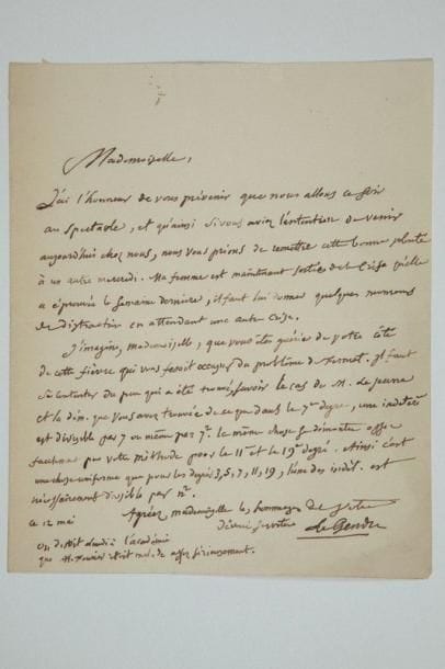 Adrien-Marie LEGENDRE (1752-1833) géomètre
L.A.S., 12 mai [1830], à la mathématicienne Sophie Germain; 1 page in-4, adresse. Il la prie de repousser sa visite, et l'espère guérie «de cette fièvre qui vous fesoit occuper du problème de Fermat. Il faut se contenter du peu qui a été trouvé, savoir le cas de M. Lejeune et la dém. que vous avez trouvée de ce que dans le 7e degré, une indétere est divisible par 7 ou même par 72. La même chose se démontre assez facilement par votre méthode pour le 11e et le 19e degré. Ainsi c'est une chose uniforme que pour les degrés 3, 5, 7, 11, 19, l'une des indét. est nécessairement divisible par n2»... En post-scriptum: «On disoit lundi à l'académie que M. Fourier étoit malade assez sérieusement»