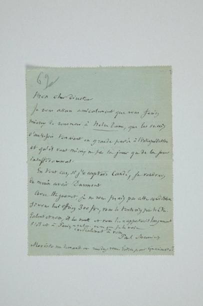 Paul MEURICE (1820-1905) écrivain. 8
L.A.S., [mai-juin 1903], au directeur de la Porte-Saint-Martin Paul Clèves; 12 pages in-12, 3 adresses. Sur une reprise de Notre-Dame de Paris, à la Porte-Saint-Martin. [23 mai]: «Je vous assure amicalement que vous feriez mieux de renoncer à Notre Dame, que les succès d'autrefois tenaient en grande partie à l'interprétation»... [24 mai], il se contentera de Condé pour Quasimodo, à la condition «absolue» d'avoir Darmont pour Claude Frollo: sinon, «renonçons à Notre-Dame»... [28 mai], au sujet d'un acteur des Mathurins... [31 juin], rendez-vous avec Porel dès son retour... - Rameau serait «tout à fait l'homme du rôle», mais pour Séverin Mars, «je suis hésitant»... - Remarques sur le marchandage du directeur avec Rameau et Condé... - «Gémier, s'il se sent dans le rôle, pourrait être un excellent Quasimodo»... Etc