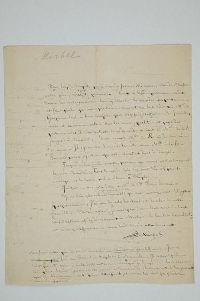 Charles-François Brisseau de MIRBEL (1776-1854) botaniste
L.A.S., Paris 12 janvier 1836; 4 pages in-4 (lég. fentes de désinfection). Il ne connaît pas le jeune homme en question, mais il connaît sa mère, Mme de R., dame fort distinguée qui sollicite de loin en loin quelques plantes ou graines du Jardin du Roi; Mirbel livre des renseignements sur l'héritage important qu'elle a recueilli de son père; elle est riche de plus d'un million. «Vous vous étiez trompé sur le nom de la tante de Lyon», probablement «Mademoiselle de La B., vieille fille, très riche, très pieuse et qui, selon toutes les probabilités, lègueroit en mourant une partie considérable de son avoir à des établissemens de charité ou au clergé»... Mirbel a mené son enquête dans la plus grande discrétion, sans prononcer le nom de son correspondant ni celui de son père: «votre secret est hors de danger. Jusqu'à présent je n'ai rencontré personne qui connut particulièrement le jeune homme. Tout le monde sait son goût très vif pour la musique et le succès qu'il a obtenu à Naples»... Il termine en saluant le comte de Camaldoli et ajoute: «Monsieur votre père m'avoit demandé un Pandanus odoratissimus. J'en ai adressé un pour lui au Consul de Naples à Marseille»