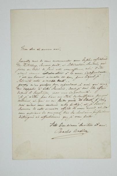 Charles NODIER (1780-1844) écrivain
L.A.S., [vers 1842], à Félicité de Lamennais; 1 page in-8, adresse. Il recommande M. Ritenberg, «savant poète, et littérateur suédois, qui joint au désir de faire votre connoissance, celui d'être admis comme collaborateur à la Revue indépendante. C'est un homme aimable et bon, pour lequel je sollicite votre aimable bonté [...]. Si je n'étais pas dans un état de souffrance presque continuel, et qui ne me laisse guère de liberté, j'irais moi-même vous conduire mon protégé»... On joint une L.A.S. d'Auguste Ducoin, envoyant cette lettre à F.Z. Collombet