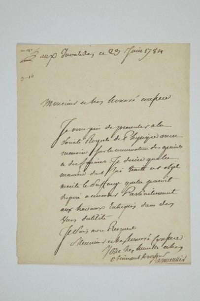 Antoine-Augustin PARMENTIER (1737-1813) agronome et pharmacien
L.A.S., aux Invalides 23 juin 1784, à un confrère; 1 page in-4. «Je vous prie de presenter à la Societe Royale de Physique mon mémoire sur la conservation des graines et des farines. Je desire que la manière dont jai traité cet objet merite le suffrage quelle paroit disposé à accorder particulierement aux travaux entrepris dans des vues d'utilité»