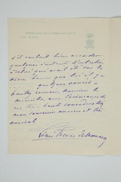 PERSONNALITÉS
19 Lettres ou pièces, la plupart L.A.S. à Édouard Herriot. Abdul-Baha (en persan, avec l. d'envoi d'H. Dreyfus), Nicholas M. Butler (1939, nomination d'Herriot docteur honoris causa de Columbia University), Henry Carton de Wiart (discours dactyl. corrigé, 1915), Jules Destrée, William M. Hughes (3, dont un discours dactyl. corrigé et signé, menu signé, et croquis de la carte d'Australie, Lyon 1919), Fiorello La Guardia (au nom de la Conférence des Maires des États-Unis, 1939), Marie de Roumanie (menu signé), Hadj el Mokri (en arabe, 1909), Louis II prince de Monaco (1927), Abby A. Rockefeller, Walter Runciman (1933, sur la venue d'Herriot en Écosse), Marie duchesse d'Uzès, etc. On joint un exemplaire du Dialogue-Pochade (Larousse, 1891) composé par Herriot et Xavier Roux pour un banquet du lycée Louis-le-Grand, avec notes ms, et envoi a.s. d'Herriotà X. Roux