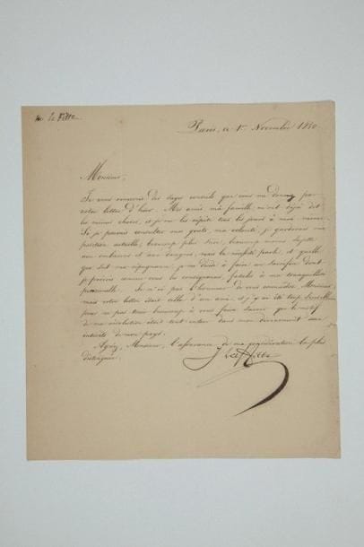 POLITIQUE. 19 lettres ou pièces, la plupart L.A.S. ou L.S. Casimir de Blacas d'Aulps (1824, sur la mort de Louis XVIII), Adélaïde de Custine marquise de Brézé (à Fontanes), J.P.N. de Champagny duc de Cadore (1819 au chevalier Romey), Élie duc Decazes (1819, concernant Girard de Chateauvieux), Anatole Demidoff (au dessinateur Blanchard), Ambroise-Polycarpe de La Rochefoucauld duc de Doudeauville (2, 1826), François-André Isambert, Hippolyte comte Jaubert (1830, sur la «confraternité botanique»), général Louis de Ladmirault (3 comme gouverneur de Paris, 1874-1875), Jacques Laffitte (1830, sur sa résolution de se dévouer à son pays), Sosthène de La Rochefoucauld (2, dont une profession de foi légitimiste en 1857), Charles duc de Morny (1860), Charles de Peyronnet (2, 1827), Joseph de Villèle (1826)