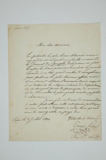 POLITIQUE. 4 L.A.S. et 1 L.S., 1831-1840 (qqs défauts). Godefroy Cavaignac (réponse a.s. à la suite d'une l.a.s. de Dupoty, rédacteur du Journal du Peuple, novembre 1840), Étienne Garnier-Pagès (2, 1834, au notaire Girard à Moulins, pour recommander le Journal du Peuple et Le Populaire), Alexandre Ledru-Rollin (1837, soutien à Binot de Villiers), Armand Marrast (1831, souscription au banquet en l'honneur des généraux polonais)