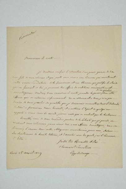 Charles André POZZO DI BORGO (1764-1842)
Homme politique et diplomate, ennemi de Napoléon, il se mit au service de la Russie. L.A.S., Paris 25 avril 1829, [au comte Louis de Fontanes]; 1 page in-4. «Je voudrais confier l'éducation d'un jeune garçon de six ans fils de mon neveu, et qui porte mon nom à une personne qui meriterait votre recommandation. Si le gouverneur est un homme qui justifie le choix qu'on fairait de lui je pourrais lui offrir des conditions raisonnablement avantageuses. [...] En m'addressant a vous je n'ai pas besoin de vous parler des qualités que je desirerais rencontrer dans l'individu destiné à former un coeur honnete, et à cultiver l'esprit de quelqu'un appelé à vivre dans le monde parmi ceux qui ne veulent pas le bouleverser»