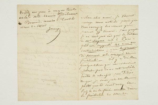 George SAND (1804-1876)
L.A.S. «George», [Nohant, 18? février 1837, à son ami le graveur Luigi Calamatta]; 3 pages et quart in-8. Au sujet de son article M. Ingres et M. Calamatta (Le Monde du 2 mars 1837), à propos de la gravure par Calamatta du tableau d'Ingres, Le Voeu de Louis XIII. Elle lui envoie son article «pour que vous corrigiez les erreurs qui peuvent s'y trouver. Par exemple je ne suis pas sûr que le tableau de Mr Ingres soit à Pau, qu'il ait supporté 40 ans de contradictions, que la gravure de Mercuri ait manqué de publicité. S'il y a d'ailleurs quelque chose qui ne vous plaise pas dans cet article faites le changer par Didier à qui je vous prie de le porter quand vous l'aurez lu. Priez le de le faire mettre dans le feuilleton du Monde [...] et d'en corriger l'épreuve lui-même». Elle n'a pas reçu le paquet que Charles Didier lui avait envoyé, et prie Calamatta d'en faire la recherche. «Je veux que mon paquet se retrouve ou je leur fais un procès - voilà. Adieu mon bon vieux. Le portrait de Liszt est parti hier, ne manquez pas de le lui réclamer. J'ai mis dans la caisse un livre et un manuscrit pour Buloz. - Plus, une lettre adressée à un nommé Mr Laporte, contenant un article sur vous, pour l'Artiste. Comme Liszt est un peu fou veillez un peu à ce que tout cela soit remis fidèlement»