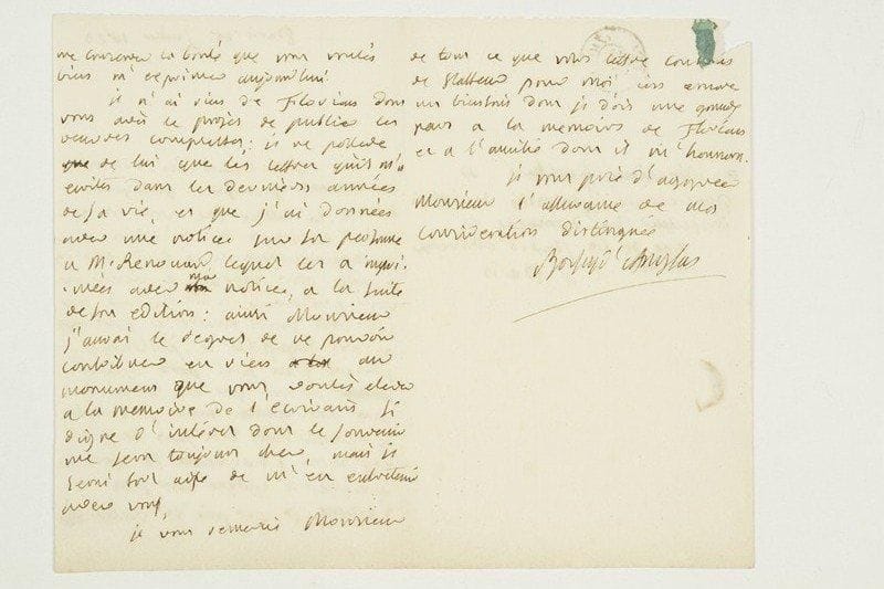 François-Antoine de BOISSY D'ANGLAS (1756-1826) homme politique et littérateur
L.A.S., Paris 25 juillet 1823, à Guilbert de Pixerécourt; 2 pages et demie in-8, adresse. Sur Florian... «Je n'ai rien de Florian dont vous avés le projet de publier les oeuvres complettes; je ne possede de lui que les lettres qu'il m'a ecrites dans les dernieres années de sa vie», et que Renouard a publiées. Il regrette de ne pouvoir participer «au monument que vous voulés elever à la mémoire de l'ecrivain si digne d'intérêt dont le souvenir me sera toujours cher»