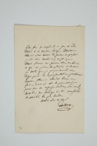 François TALMA (1763-1826) le grand tragédien
L.A.S., [mars 1820?], à Mme Clavier; 1 page in-8, adresse. Il regrette de ne pas s'être trouvé à la maison lors de sa visite. «Je suis bien malheureux aussi que Marie Stuart me prenne tous mes jeudi ce qui me prive du plaisir de la voir. Je doute que je puisse avoir une loge pour la représentation prochaine. Madame Clavier voudra bien me faire dire si elle la prendroit pour une des représentations suivantes. Caroline me charge de lui présenter ses amitiés les plus tendres»
