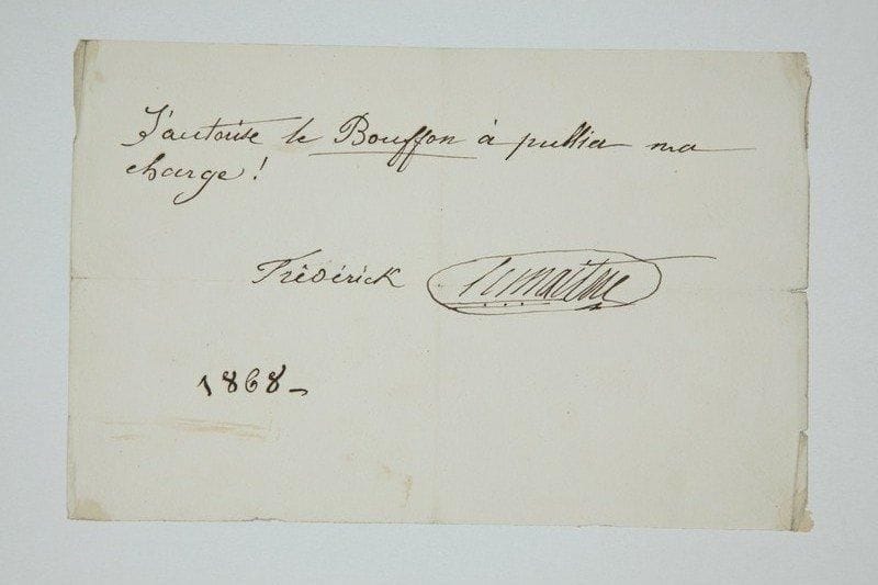THÉÂTRE. 18 L.A.S. ou P.A.S., plusieurs à l'impresario Gustave Labruyère. Albert-Lambert fils, Blanche Barretta, Julia Bartet, Augustine Brohan, Ernest Chebroux, Jane Hading (carte à Lugne-Poe), Charles Le Bargy, Frédérick Lemaître (1868, autorisant Le Bouffon à publier sa charge), Louis Monrose, Paul Mounet, Mounet-Sully (2, dont citation d'Hernani), Christian Ostrowski (sonnet À Mad. Ad. Ristori, 1855), Cora Pearl (1865, demande d'officiers de paix pour maintenir l'ordre à son bal), Réjane (2), Caroline Segond-Weber (2, dont une recommandant sa camarade Marie Leconte à Édouard Herriot, 1924)