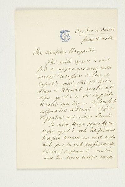 Ivan TOURGUENIEV (1818-1883)
L.A.S., 50 rue de Douai samedi matin [1876?], à l'éditeur Georges Charpentier; 1 page et demie in-8 à son chiffre. Il n'a pas «renvoyé l'exemplaire de Pères et Enfants; - mais j'ai été tout ce temps ci tellement accablé de besogne qu'il m'a été impossible de relire mon livre. Ce sera fait aujourd'hui et demain», et il le rapportera lundi. «En même temps permettez-moi de faire appel à votre bienfaisance. Il se fait mercredi une vente de charité pour les écoles professionnelles (laïques) de femmes; - voudriez-vous leur donner quelques ouvrages de votre librairie?»