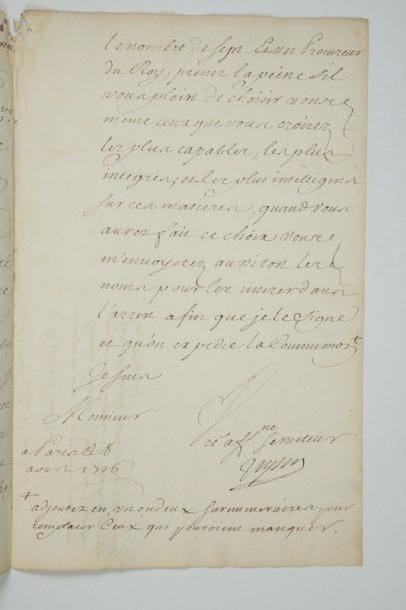 Daniel-François VOYSIN (1655-1717)
Ministre et chancelier de France. L.S., Paris 8 août 1716, à M. des Gallois de La Tour, intendant de Poitiers; 3 pages in-fol. Au sujet de la nomination de commissaires pour juger les auteurs et complices de la dissipation faite dans le port de Rochefort des bois destinés à la construction des vaisseaux du Roi