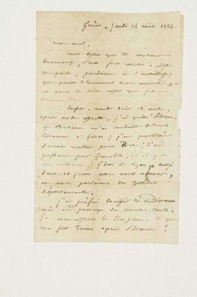 Auguste BRIZEUX (1803-1858) poète
L.A.S. «A.B.», Gênes jeudi 14 août 1834, à son demi-frère Ernest Boyer, élève au Collège Rollin à Paris; 2 pages in-8, adresse, marques postales. Mardi soir, «après mille efforts», il a quitté Florence. «Le bateau m'a conduit de Livourne à Gênes; j'en partirai demain matin pour Nice; d'où passant par Grenoble, (s'il y a des voitures,) j'irai à Lyon et ainsi dans 10 jours nous nous verrons [...] J'ai préféré longer la Méditerrannée au passage du Mont-Cenis. Je connaissais le Simplon. Et que me fait Turin après Florence? Que me feraient toutes les villes d'Italie. Il n'y a que la nature qui puisse consoler de cet art divin»... Il ajoute: «De Livourne à Gênes j'ai fait route avec la Cesse Guiccioli»